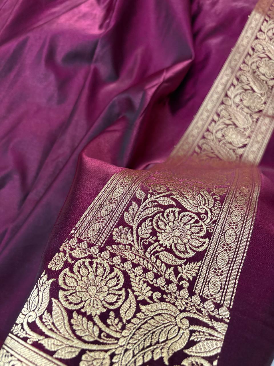 Wine Satin Silk Banarasi Saree – Light Golden Zari Buti Work