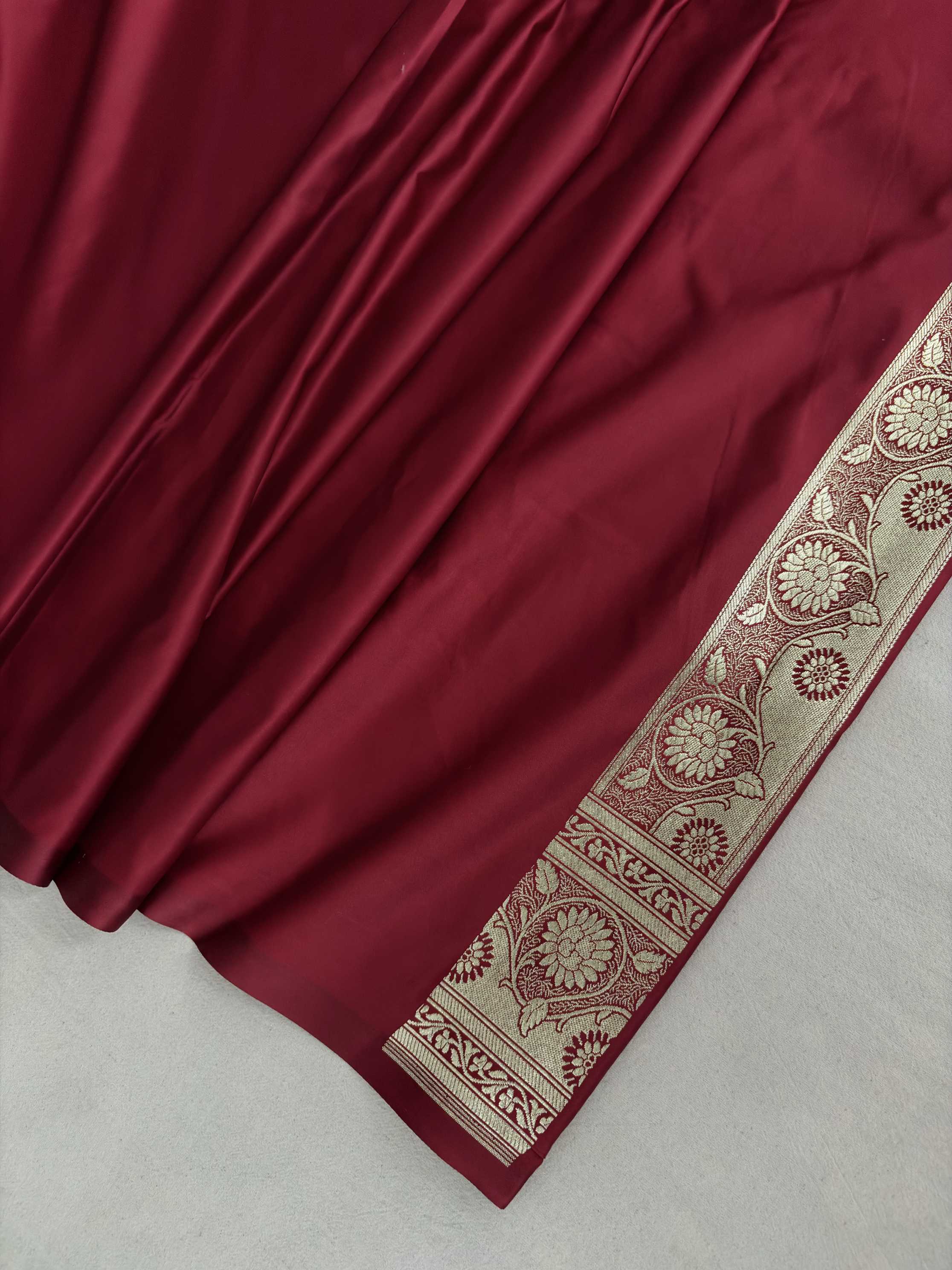 Maroon Soft Kataan Silk Banarasi Saree Light Gold Work