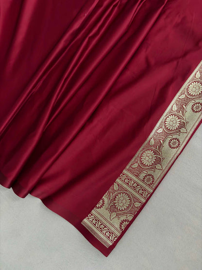 Maroon Soft Kataan Silk Banarasi Saree Light Gold Work