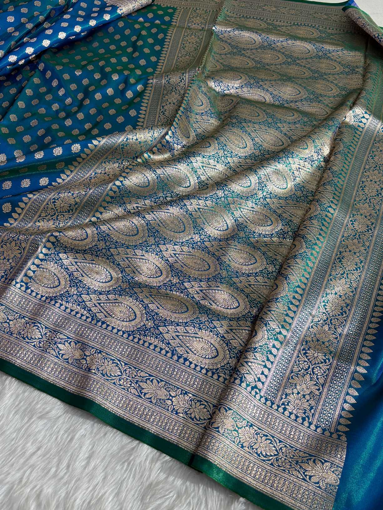 DhupChav Motif Satin Silk Banarasi Saree with Golden Zari