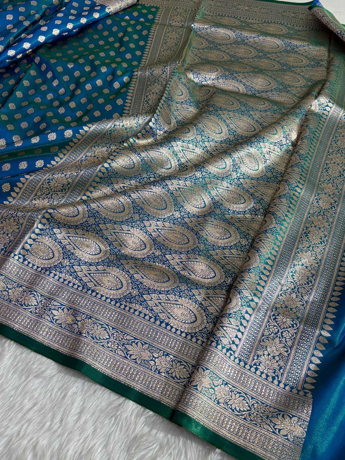 DhupChav Motif Satin Silk Banarasi Saree with Golden Zari