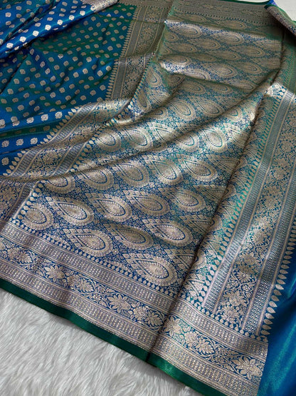 DhupChav Motif Satin Silk Banarasi Saree with Golden Zari
