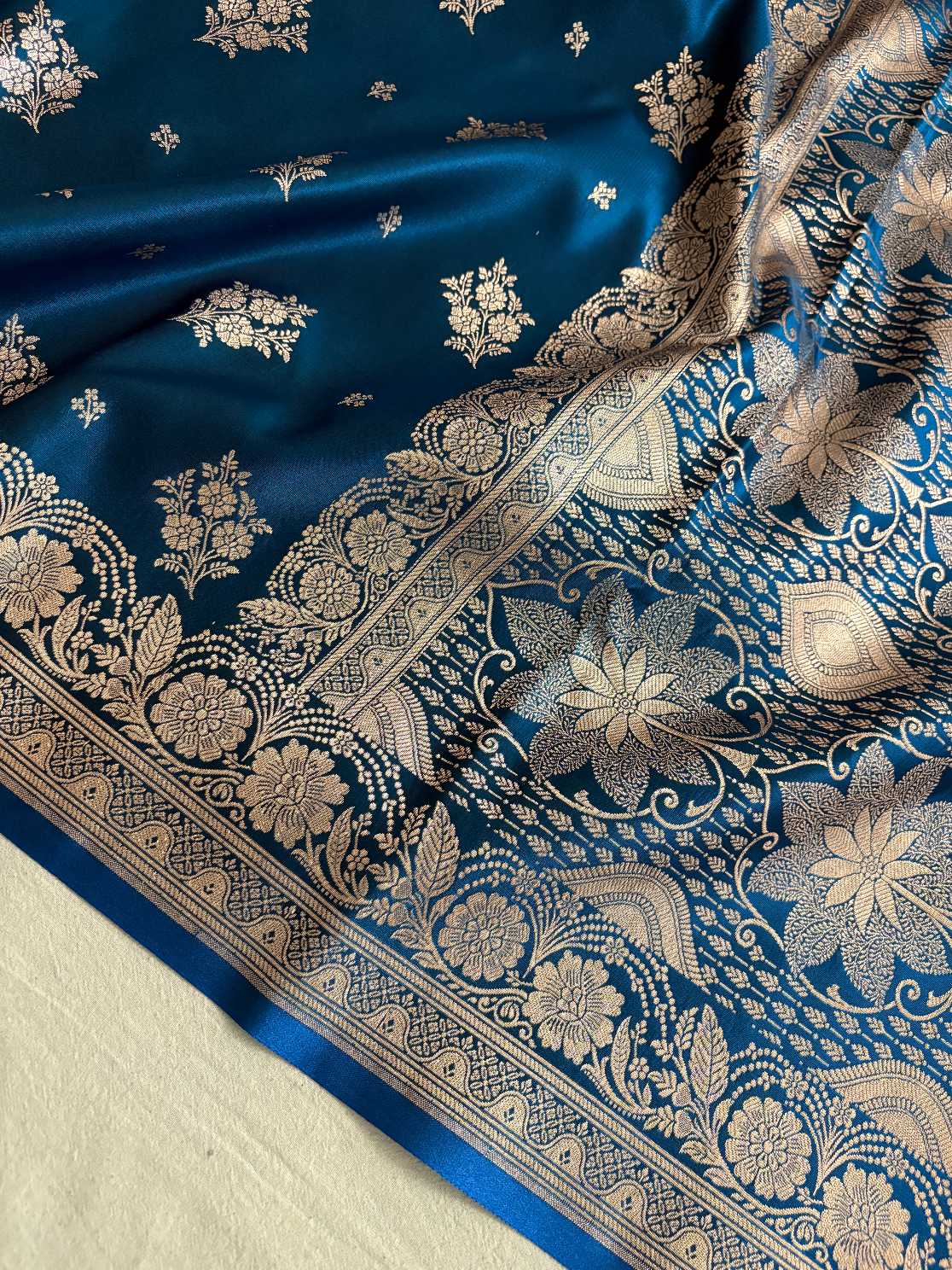 Teal Blue Satin Silk Saree Banarasi Motif