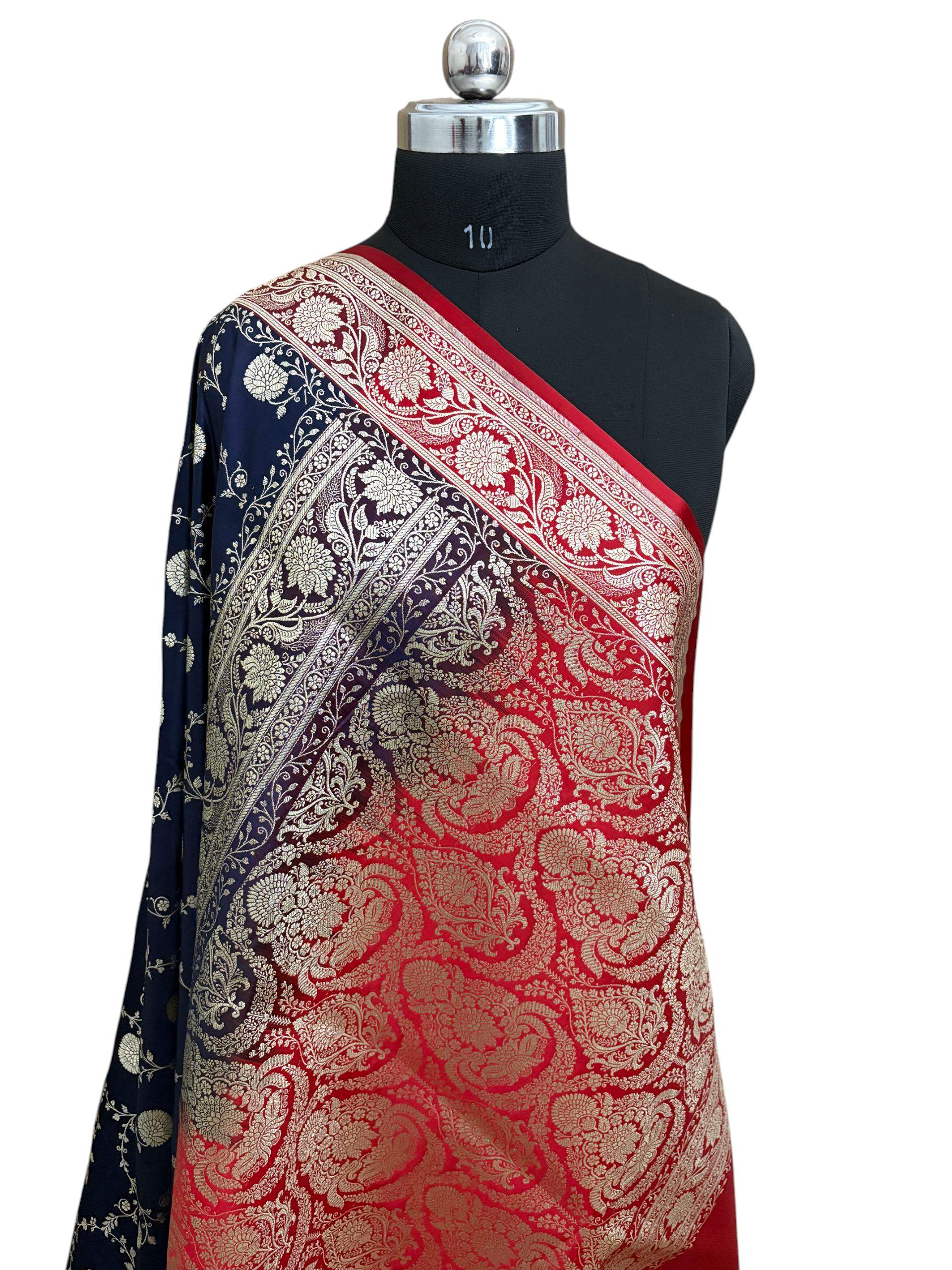 Blue with Red Pallu &amp; Border Kataan Silk Banarasi Saree
