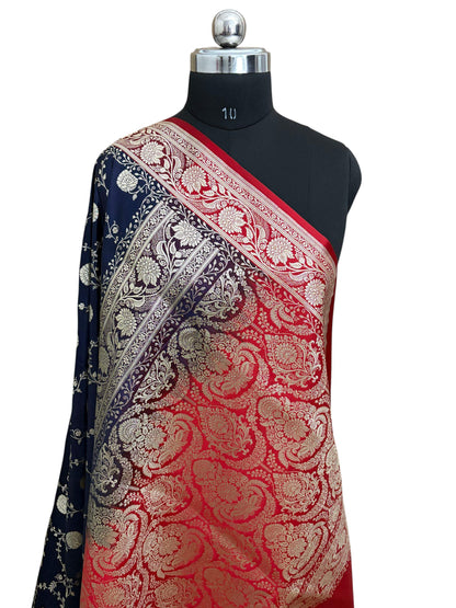 Blue with Red Pallu &amp; Border Kataan Silk Banarasi Saree
