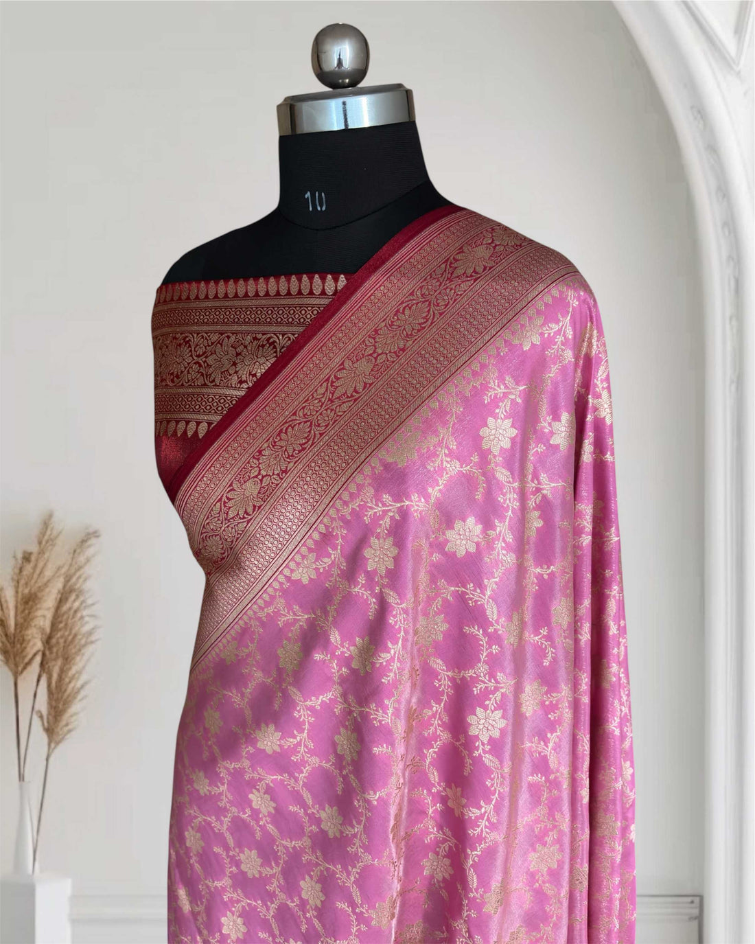 Rani & Maroon Satin Silk Banarasi Saree Jaal Pttern