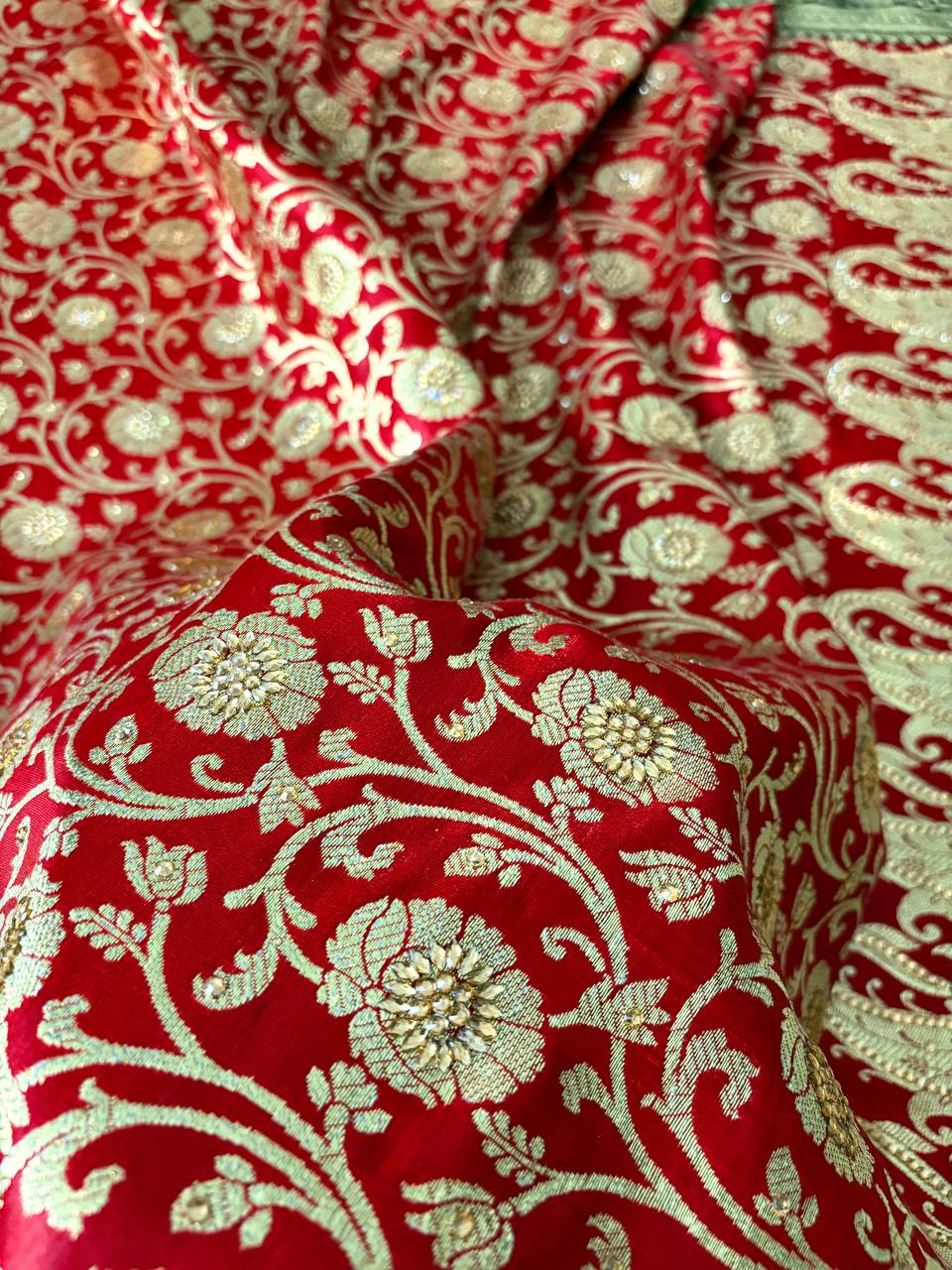 Red Saree with Green Pallu & Swarovski Work