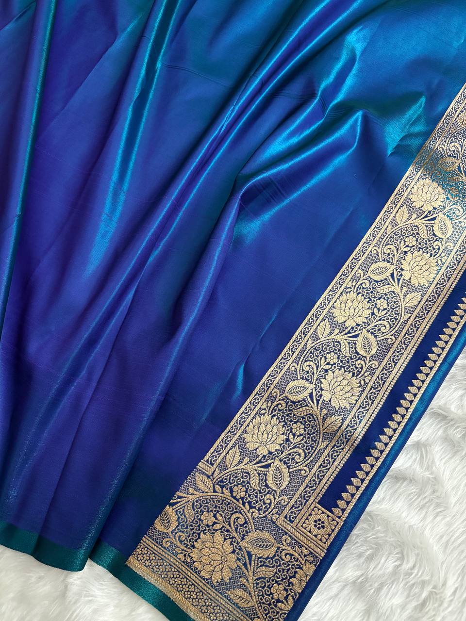 Blue with Green Shaded Dual Tone Satin Silk Banarasi Saree with Jaal Pattern