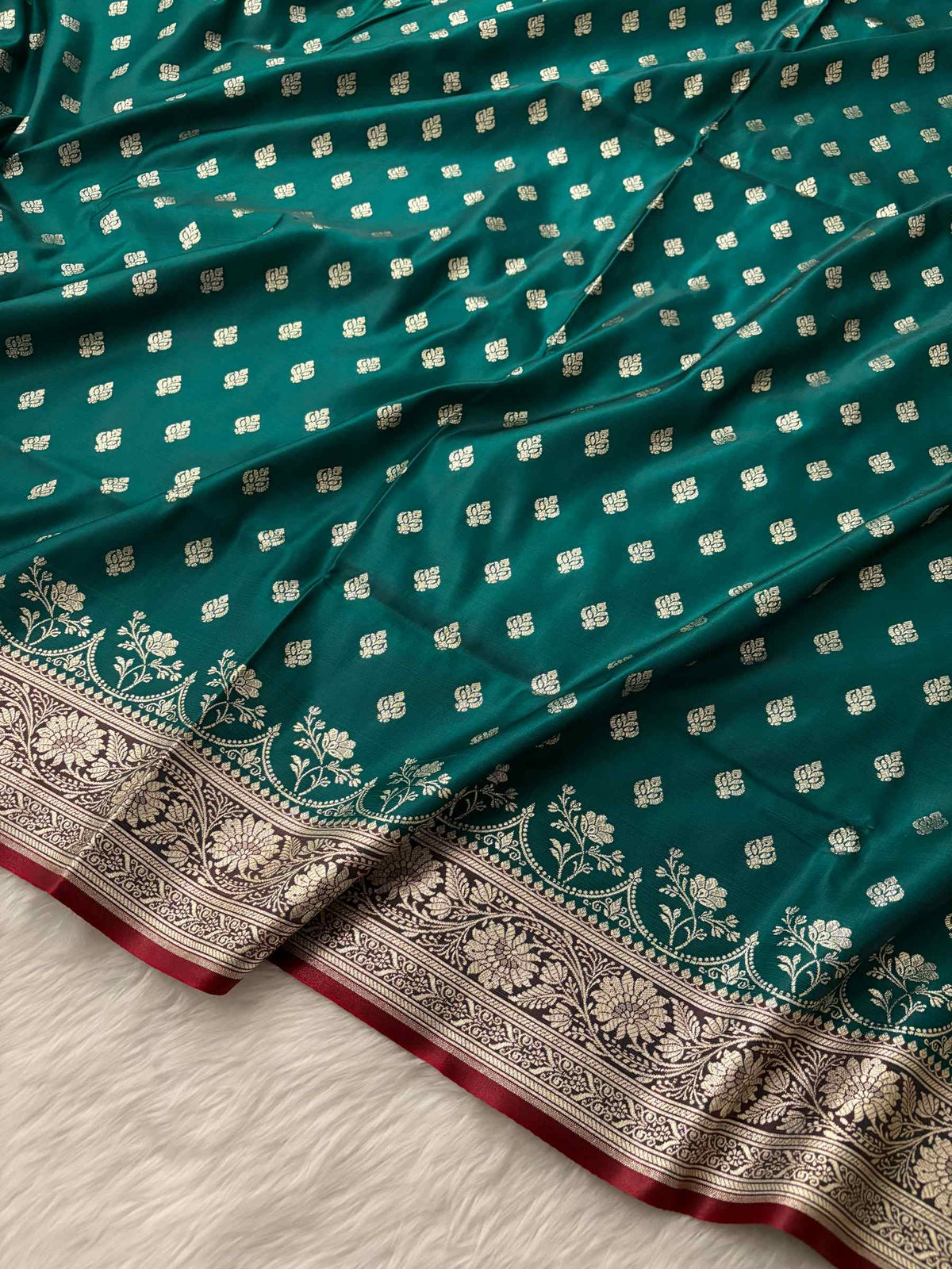 Rama Green & Red Buti Satin Silk Banarasi Saree