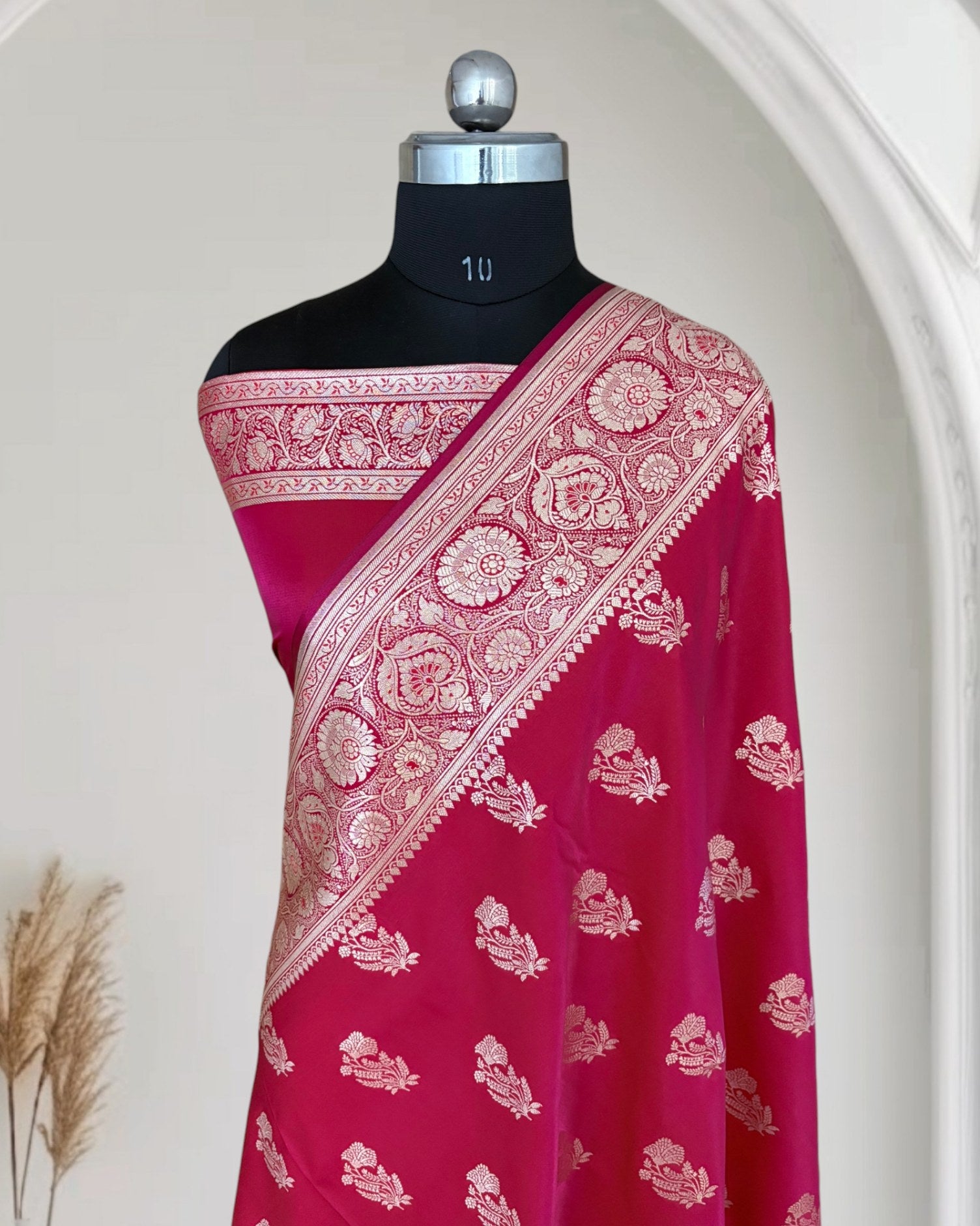 Rani Pink Satin Silk Banarasi Fancy Motif Saree