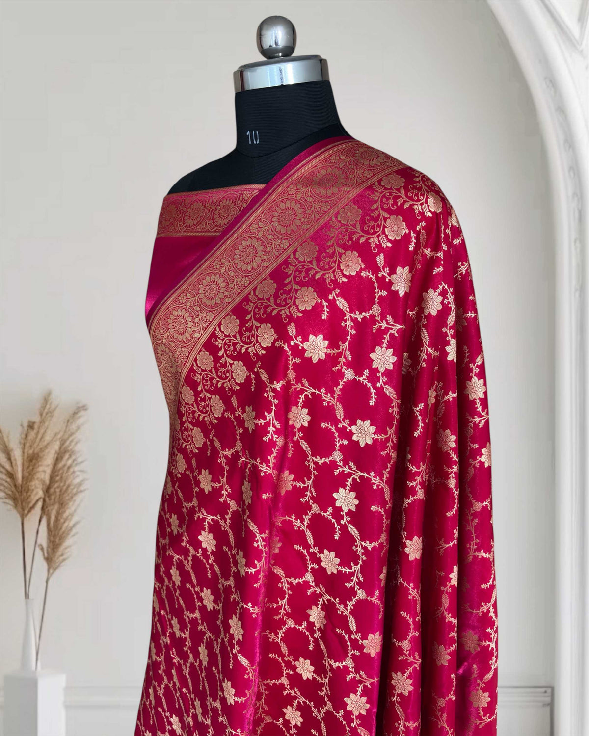 Rani Pink Satin Silk Banarasi Saree Floral Swarna Latika Jaal