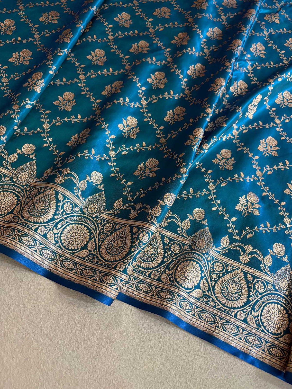 Blue-Green Bel Jaal Satin Silk Banarasi Saree