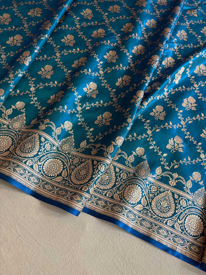 Blue-Green Bel Jaal Satin Silk Banarasi Saree