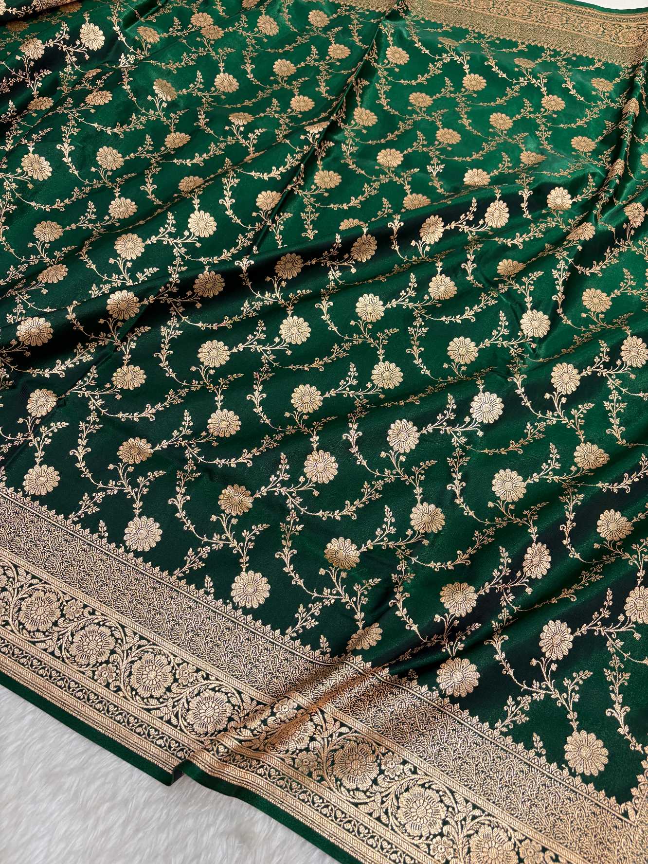 Botel Green Satin Silk Banarasi Saree with Golden Zari Floral Bel Jaal