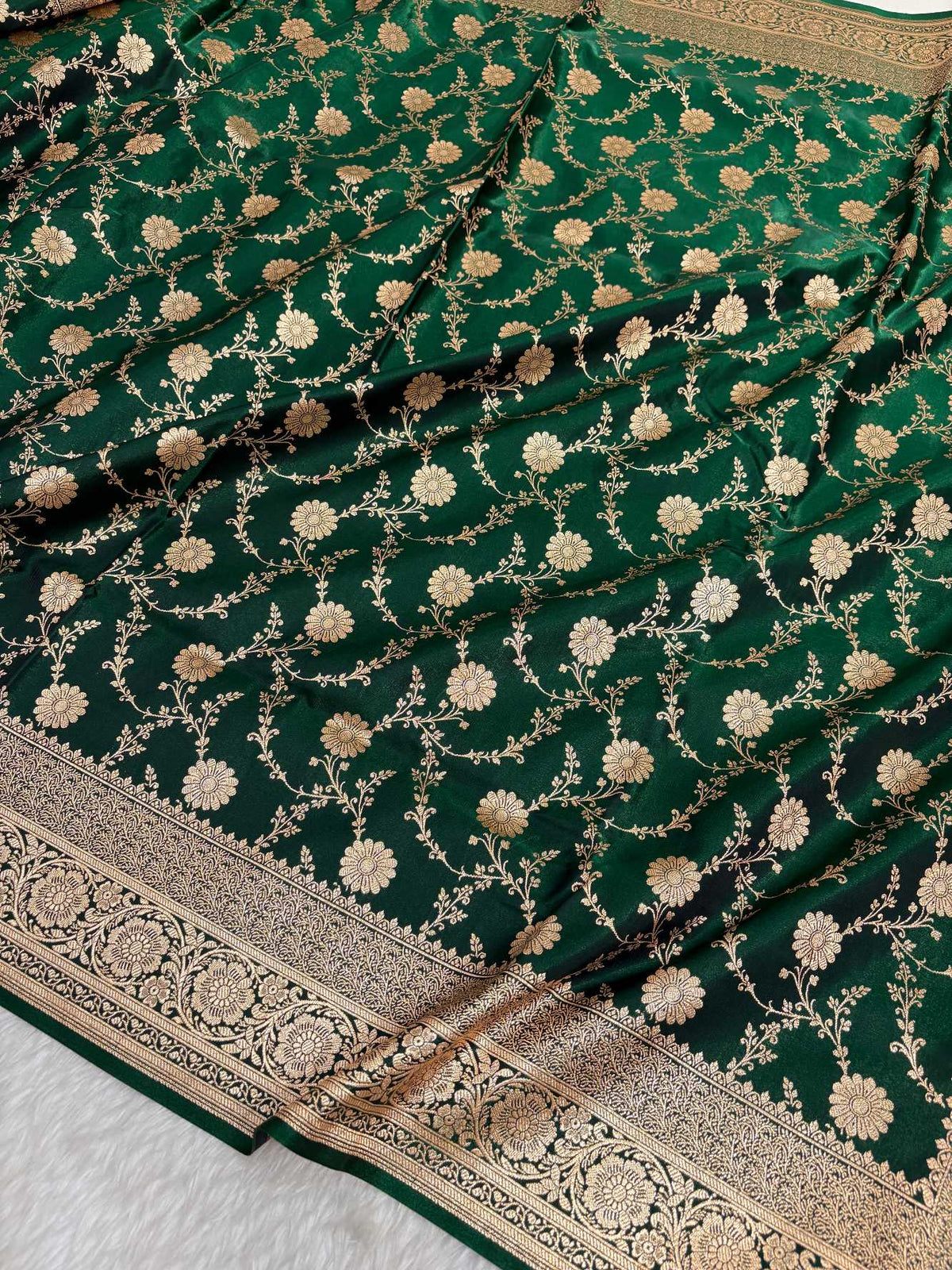 Botel Green Satin Silk Banarasi Saree with Golden Zari Floral Bel Jaal