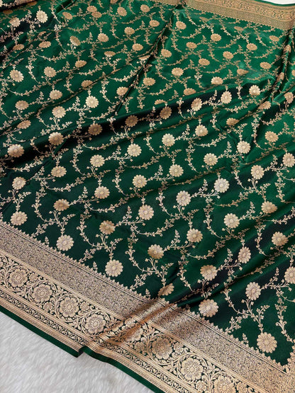 Botel Green Satin Silk Banarasi Saree with Golden Zari Floral Bel Jaal