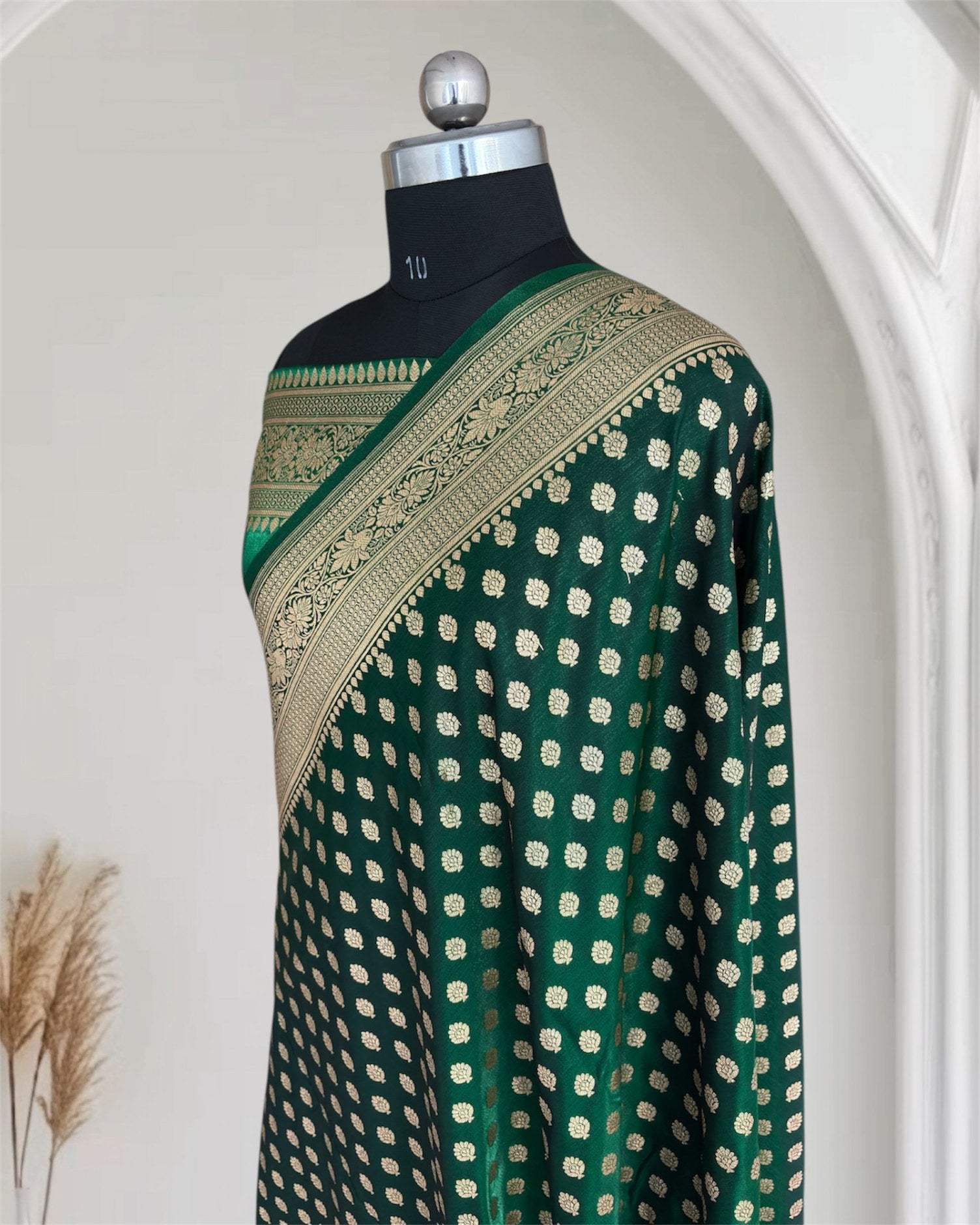 Dark Green Satin Silk Banarasi Motif Saree