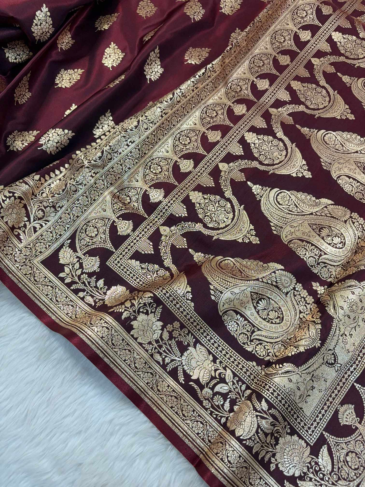 Dark Maroon Shaded New Motif Satin Silk Banarasi Saree