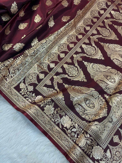 Dark Maroon Shaded New Motif Satin Silk Banarasi Saree