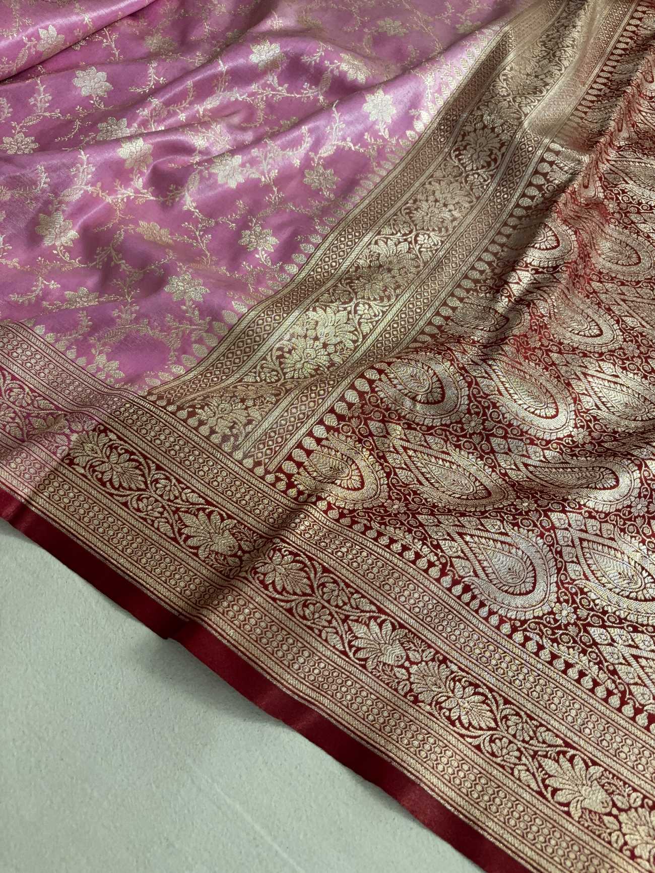 Rani & Maroon Satin Silk Banarasi Saree Jaal Pttern