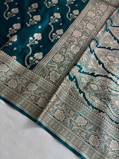Teal Fancy Satin Silk Banarasi Saree – Tircha Jaal