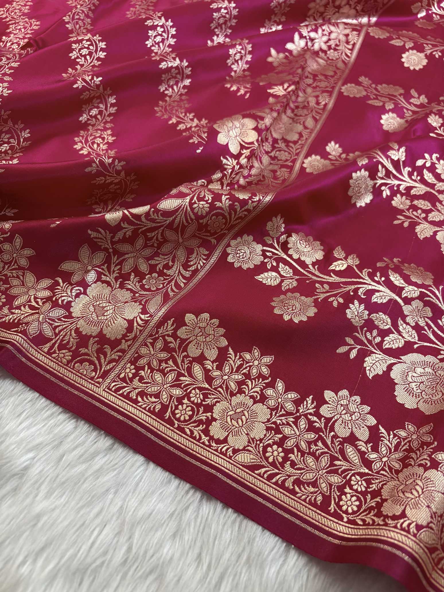 Laheriya Jaal Satin Silk Banarasi Saree Rani Pink Shades