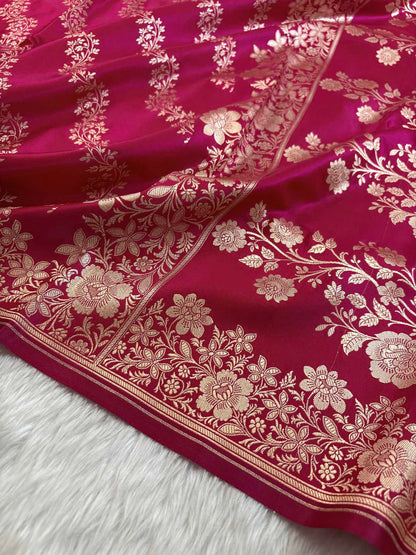 Laheriya Jaal Satin Silk Banarasi Saree Rani Pink Shades