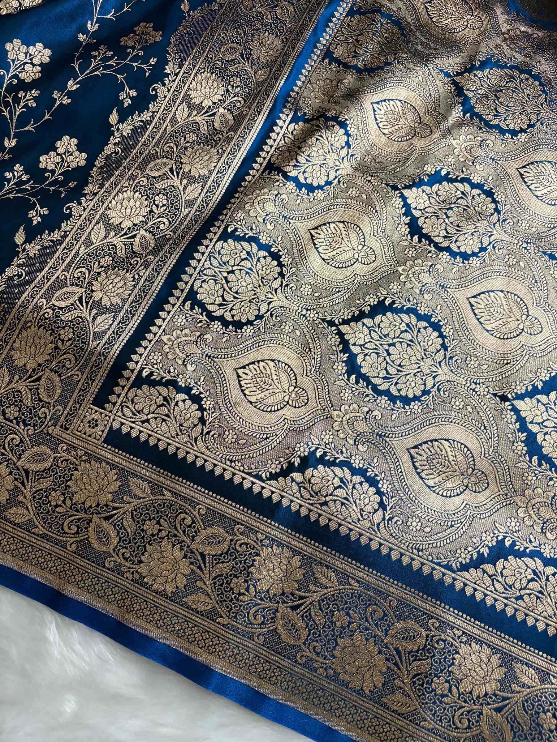 Teal Blue Satin Silk Banarasi Saree – Golden Zari Floral Jaal