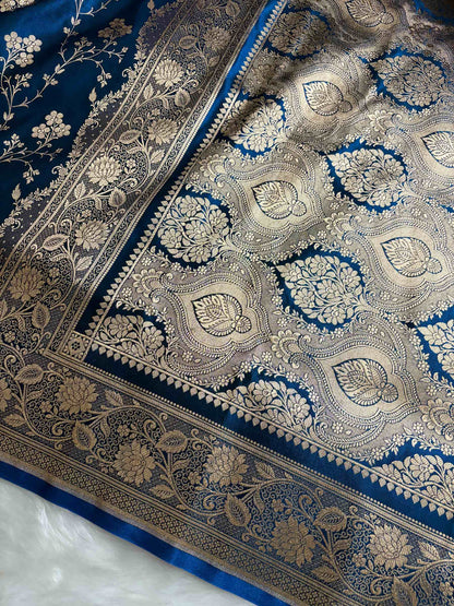 Teal Blue Satin Silk Banarasi Saree – Golden Zari Floral Jaal