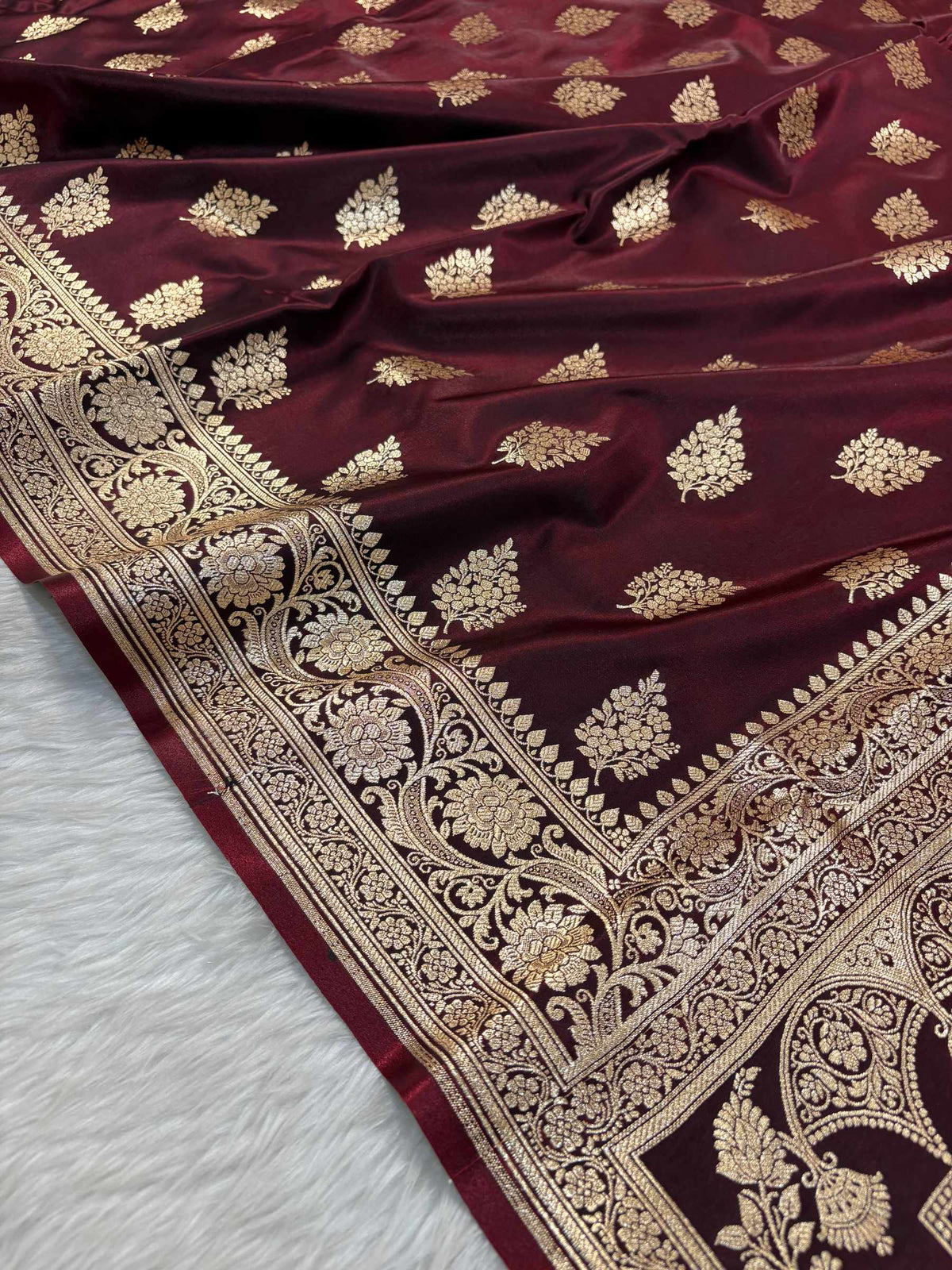 Dark Maroon Shaded New Motif Satin Silk Banarasi Saree