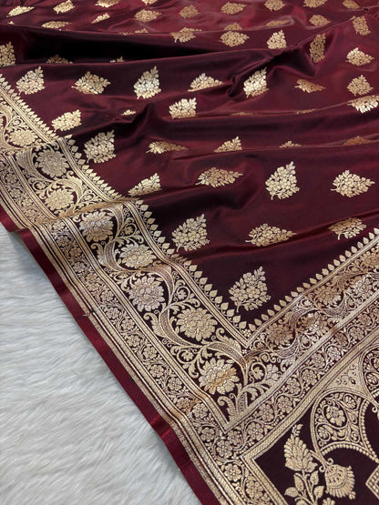 Dark Maroon Shaded New Motif Satin Silk Banarasi Saree