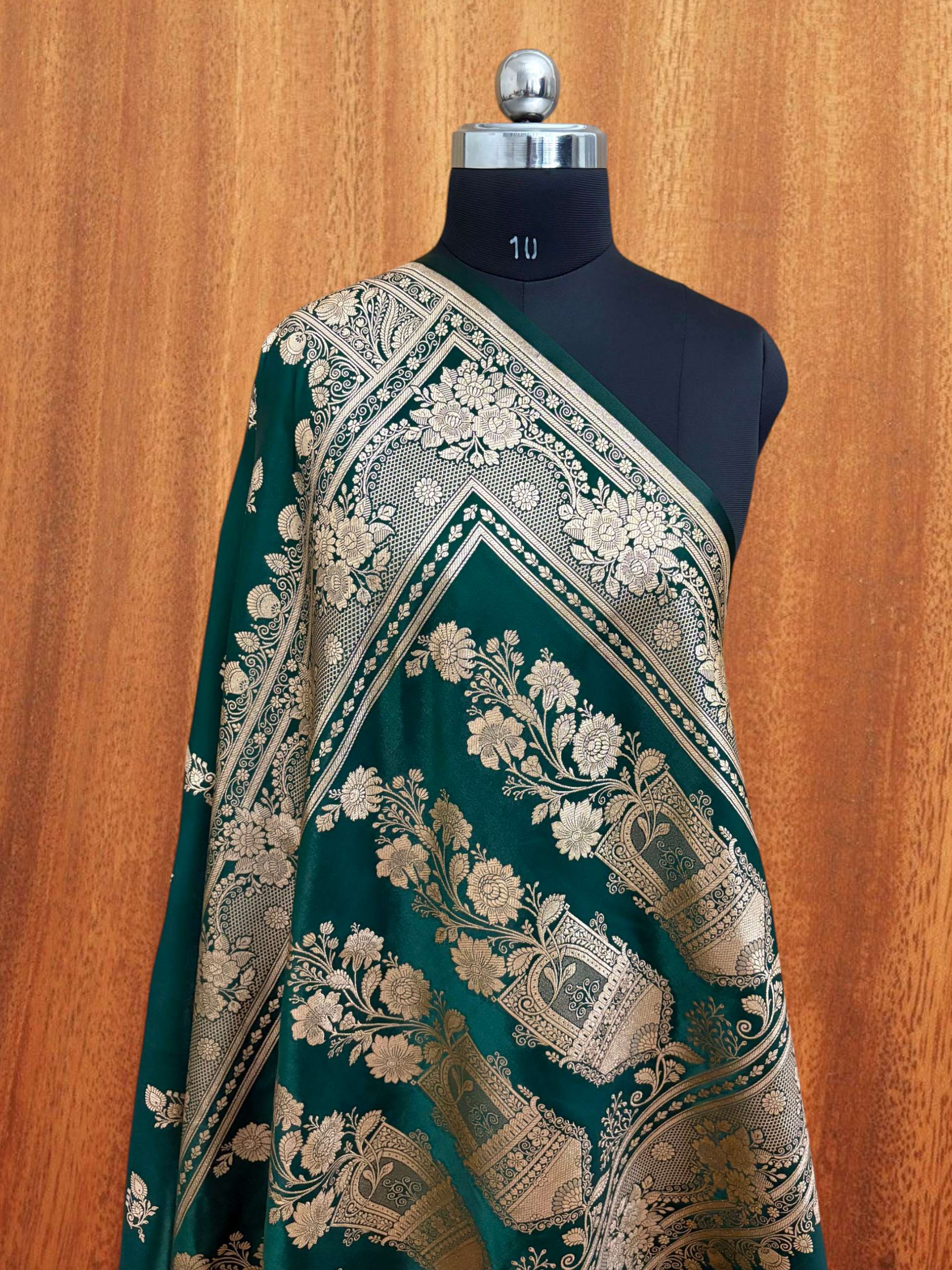 Teal Green Satin Silk Banarasi Saree – Full Golden Zari Buti Work