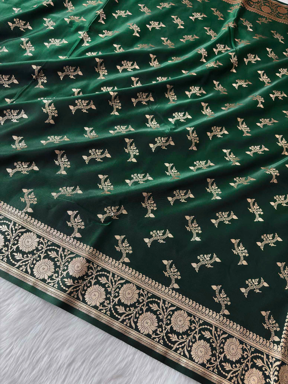 Dark Green Satin Silk Banarasi Fancy Motif Saree