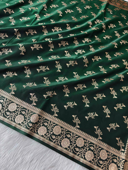 Dark Green Satin Silk Banarasi Fancy Motif Saree