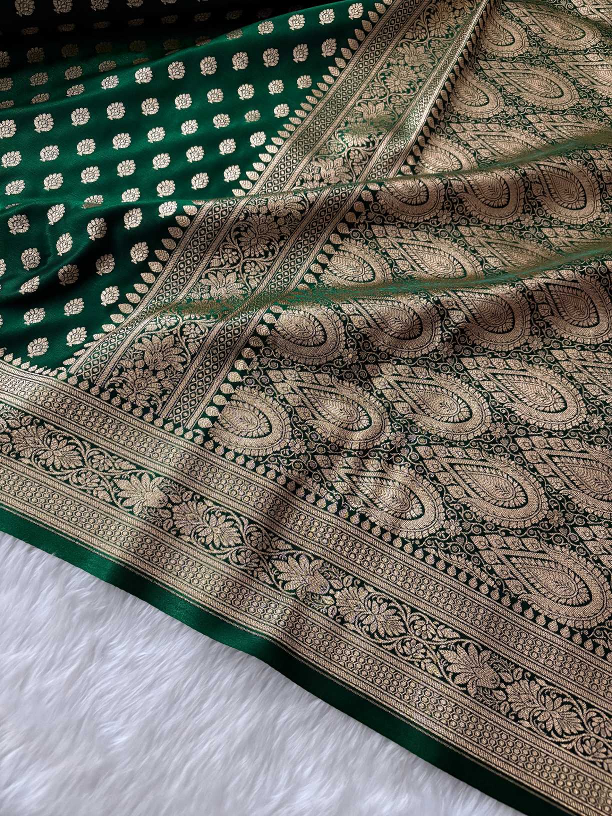 Dark Green Satin Silk Banarasi Motif Saree
