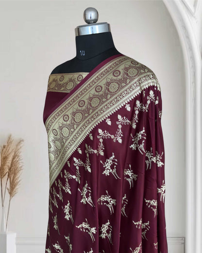 Brown Soft Kataan Silk Banarasi Saree Light Gold Work