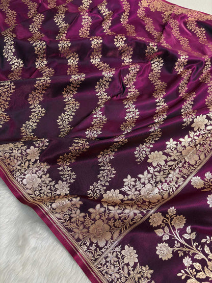 Laheriya Jaal Satin Silk Banarasi Saree Wine Shades