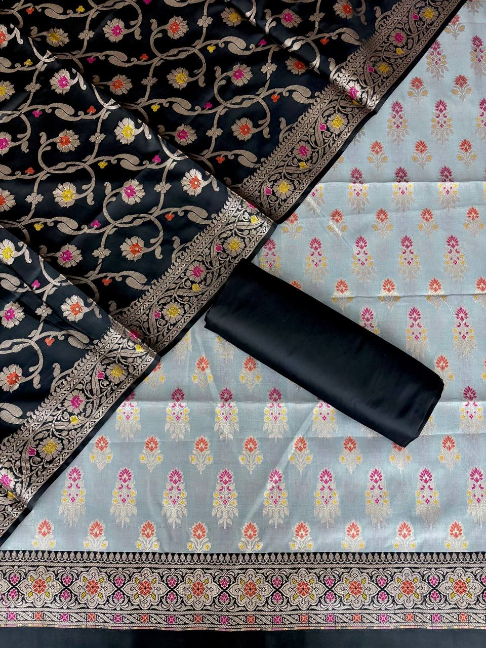 Black and Grey Satin Silk Banarasi Suit