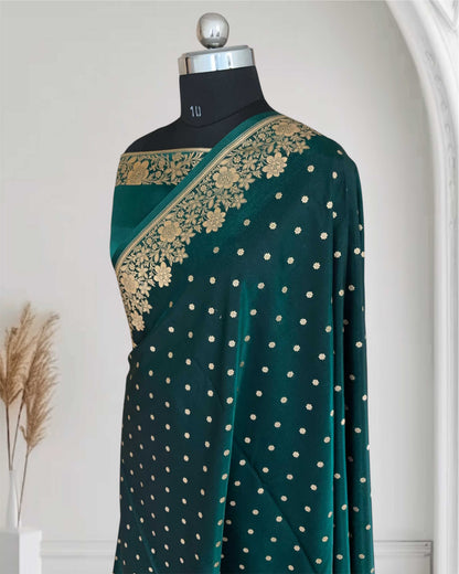 Teal Green Satin Silk Saree Banarasi Motif