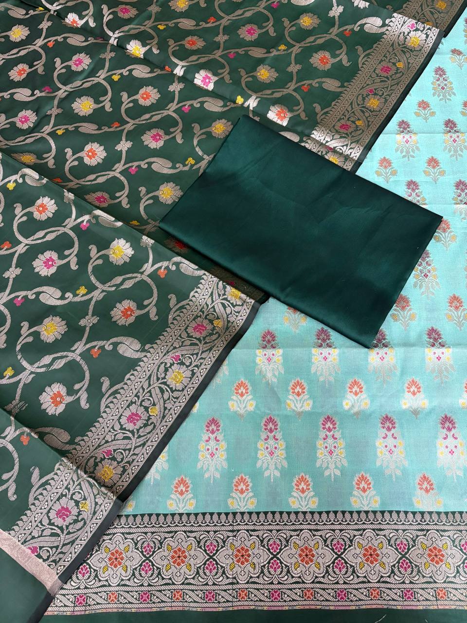 BottleGreen and SheGreen Satin Silk Banarasi Suit