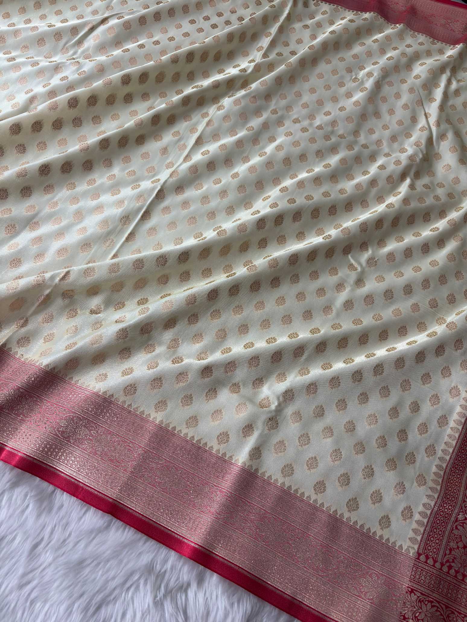 Red & Cream Satin Silk Banarasi Saree