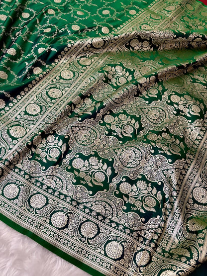 Teal Green Kataan Silk Banarasi Saree – Silver Zari Floral Jaal Pattern