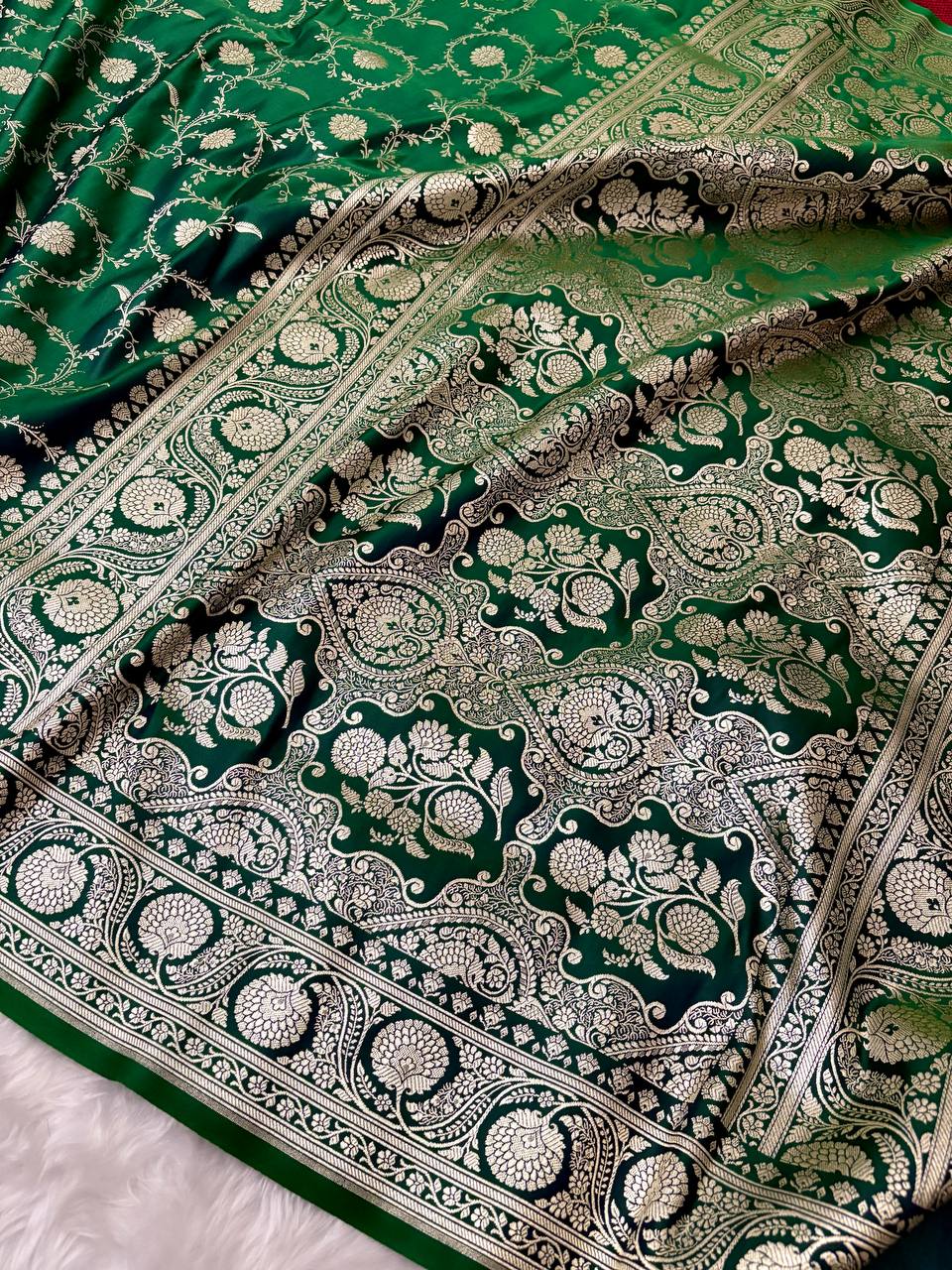 Teal Green Kataan Silk Banarasi Saree – Silver Zari Floral Jaal Pattern
