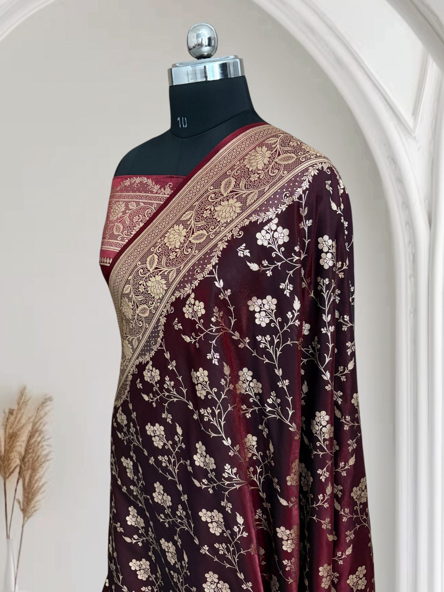 Dark Maroon Satin Silk Banarasi Saree with Jaal Pattern