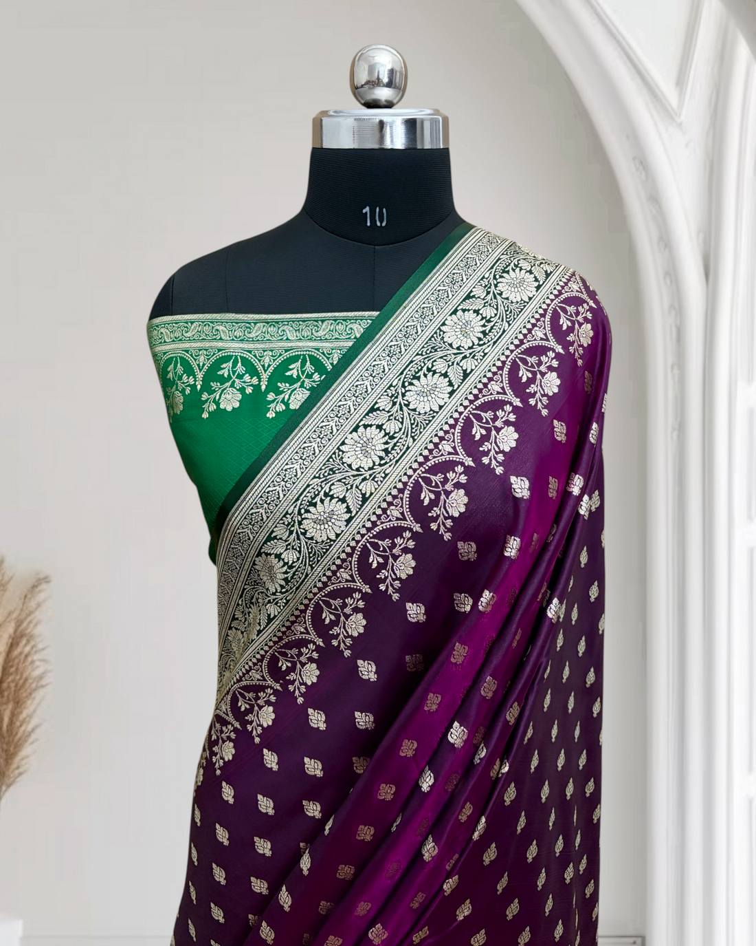 Wine with Green Pallu & Border Banarasi Saree