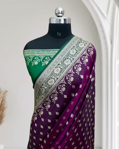 Wine with Green Pallu & Border Banarasi Saree