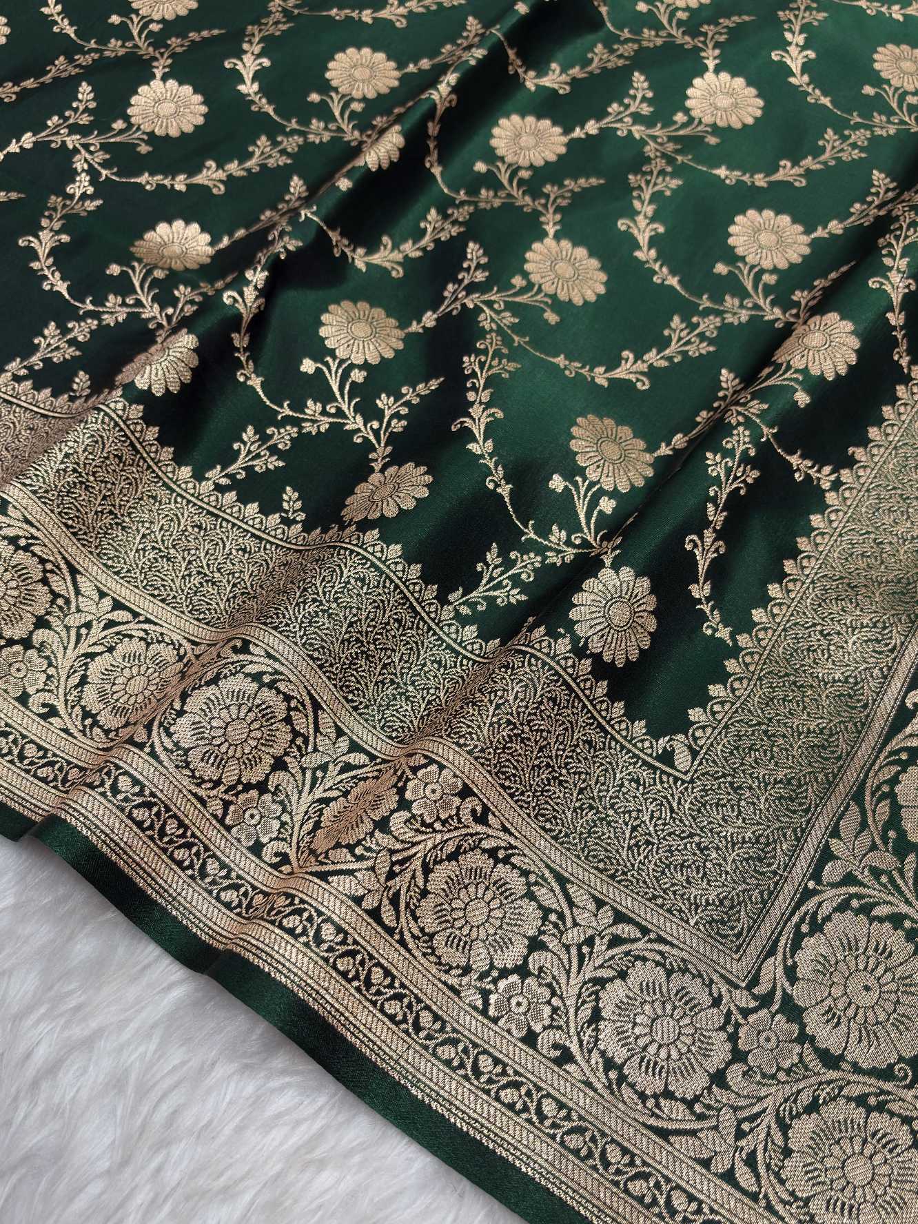 Botel Green Satin Silk Banarasi Saree with Golden Zari Floral Bel Jaal