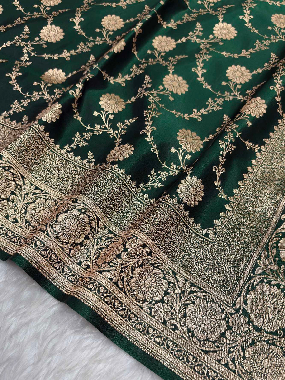 Botel Green Satin Silk Banarasi Saree with Golden Zari Floral Bel Jaal