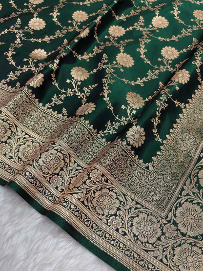 Botel Green Satin Silk Banarasi Saree with Golden Zari Floral Bel Jaal