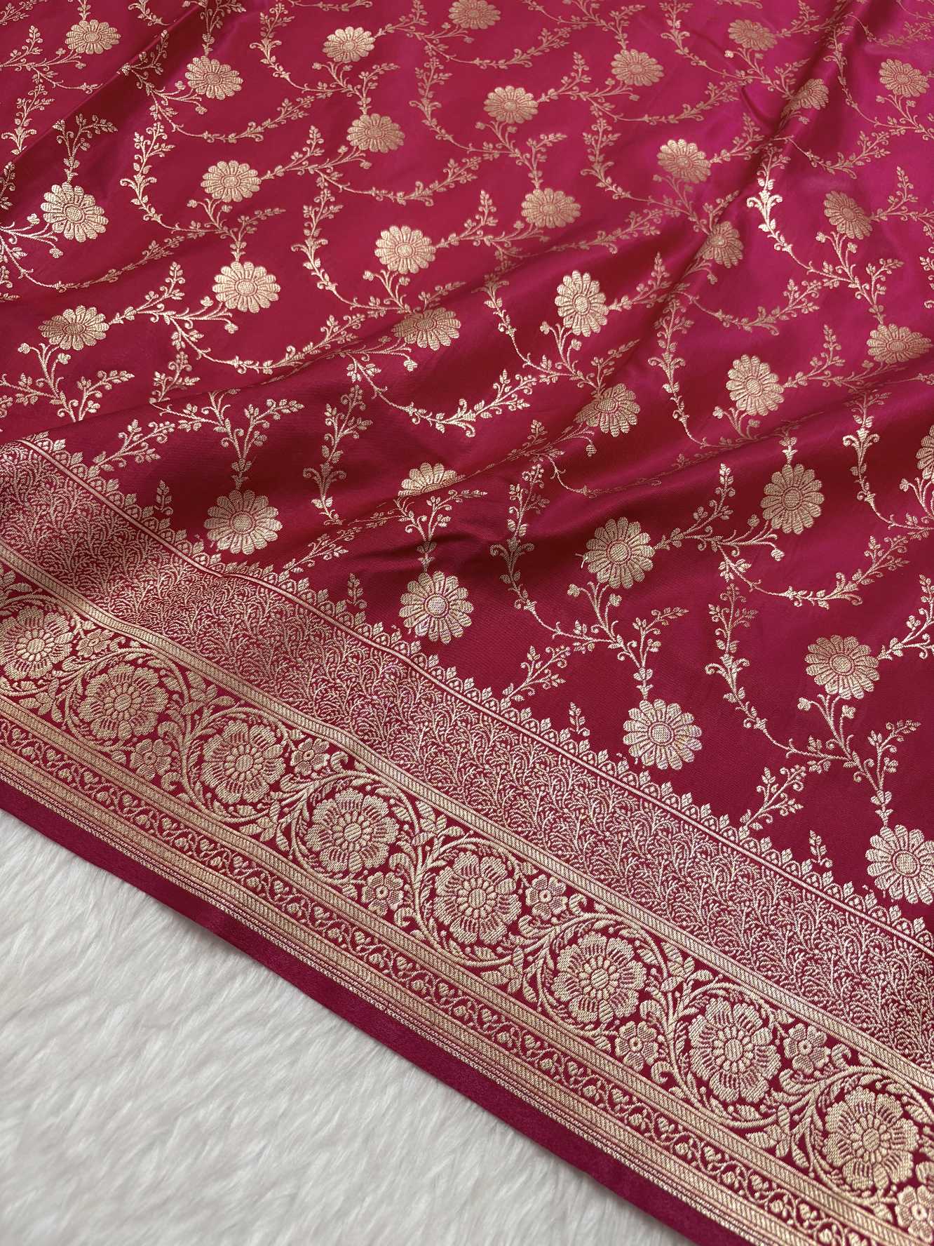 Rani Pink Satin Silk Banarasi Saree with Golden Zari Floral Bel Jaal